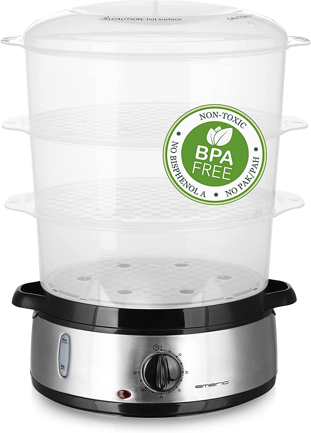Emerio Steam With 60 Minute Timer + Automatic Shut-Off, 3 Dishwasher-Safe Steamer Inserts (Bottom with Eggs Cooking) + Rice Bowl, BPA-Free, Steam Cooker