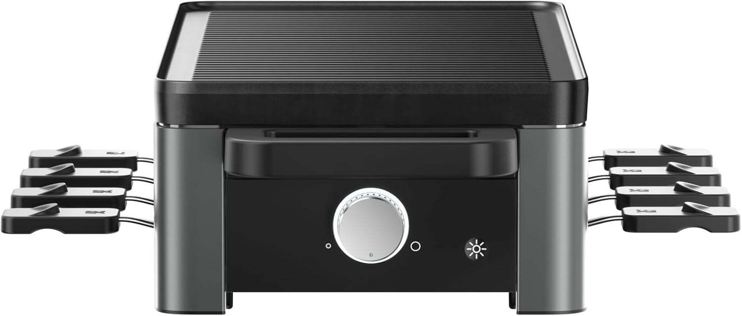 WMF Master Raclette Grill with Ceramic Pans and Sliders, Raclette for 8 People, 1500 W, with Shelf, Variable Temperature Control, Non-Stick Coating, Dishwasher Safe, Matte Stainless Steel, Black