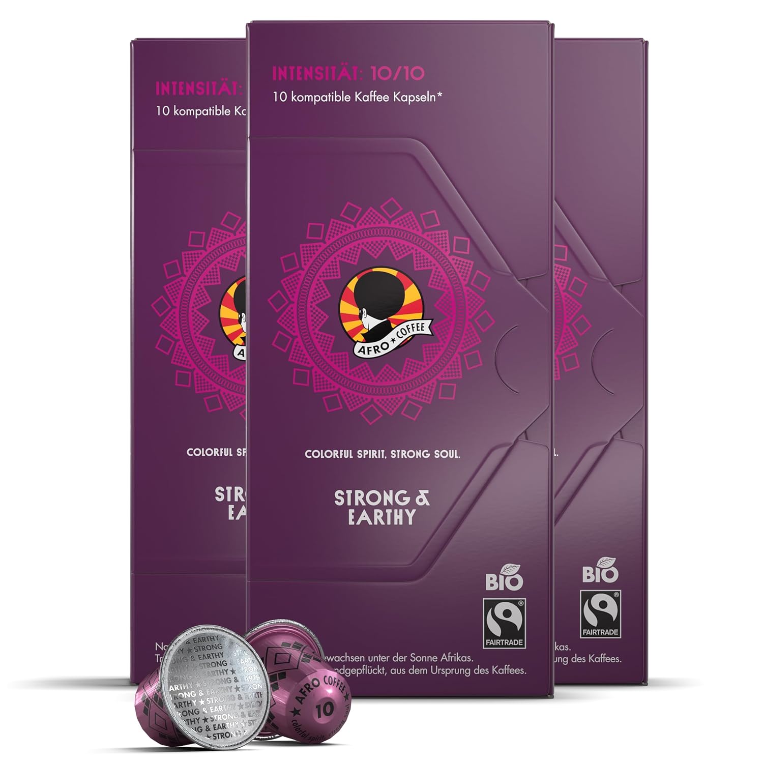 AFRO COFFEE Strong & Earthy Bio I 3 Pack I 30 Premium Coffee Capsules Fairtrade I Arabica & Robusta I in Compatible Coffee Capsules I Coffee from East Africa I Dark Roasted & Low Acid