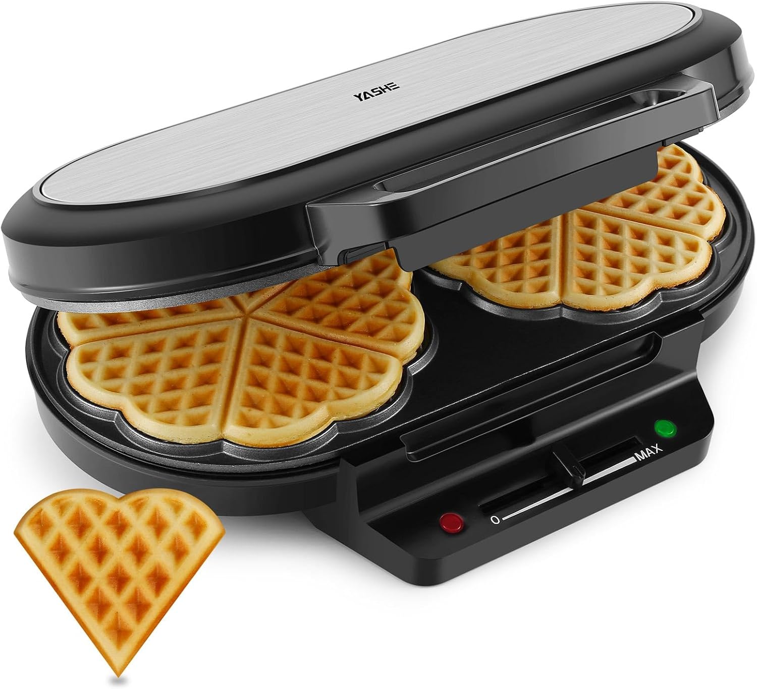 YASHE Heart-Shaped Double Waffle Iron, 10 Classic Heart-Shaped Waffles with Non-Stick Coating, 5 Adjustable Temperature Levels, Indicator Lights, Overflow Protection, 1200 W, Silver/Black