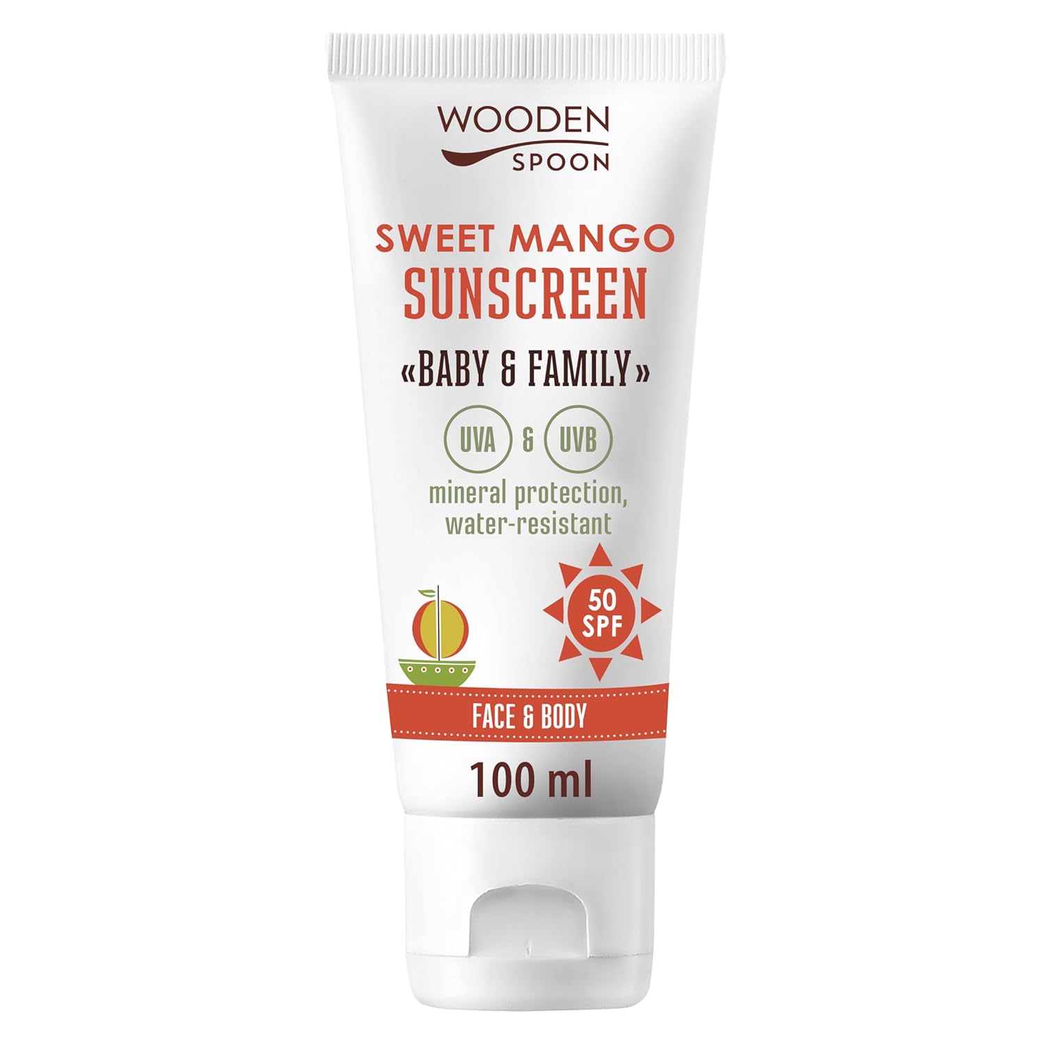 WOODEN SPOON Organic Sun Cream \"Baby & Family\" SPF 50 UVA and UVB Protection - Sweet Mango 100 ml