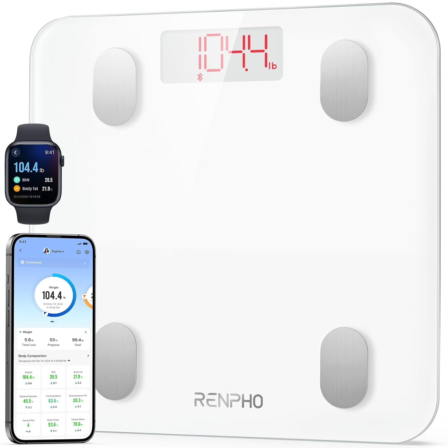 RENPHO Store RENPHO Body Fat Bathroom Scales, Bluetooth Personal Scales with App, Smart Digital Scales for Body Fat, BMI, Weight, Muscle Mass, Water, Protein, Skeletal Muscle, Bone Weight and BMR