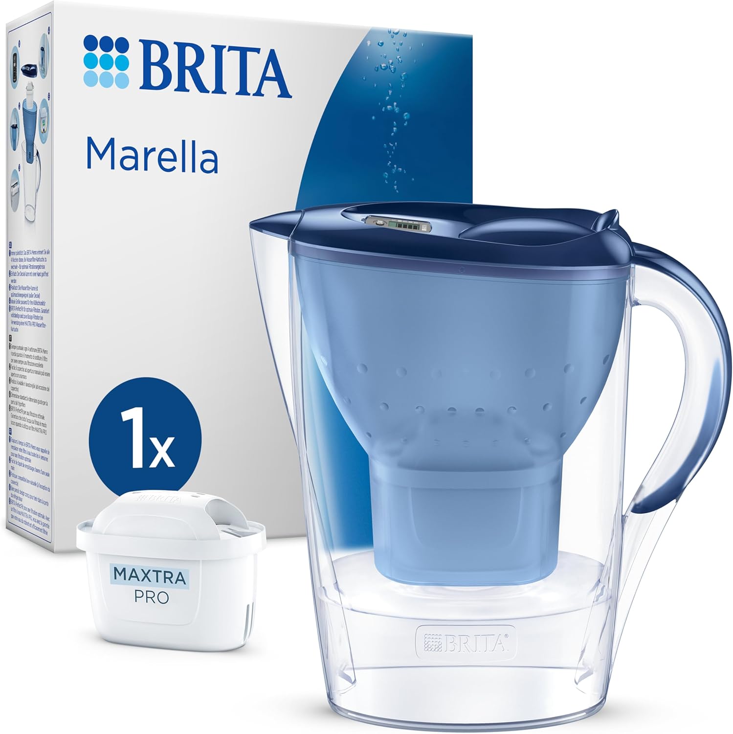 BRITA Water Filter Jug Marella Blue (2.4 L) Including 1 x Maxtra Pro Pure Performance Cartridge - Refrigerator-Safe Filter Jug with BRITA Memo, Folding Lid, Filters Impurities