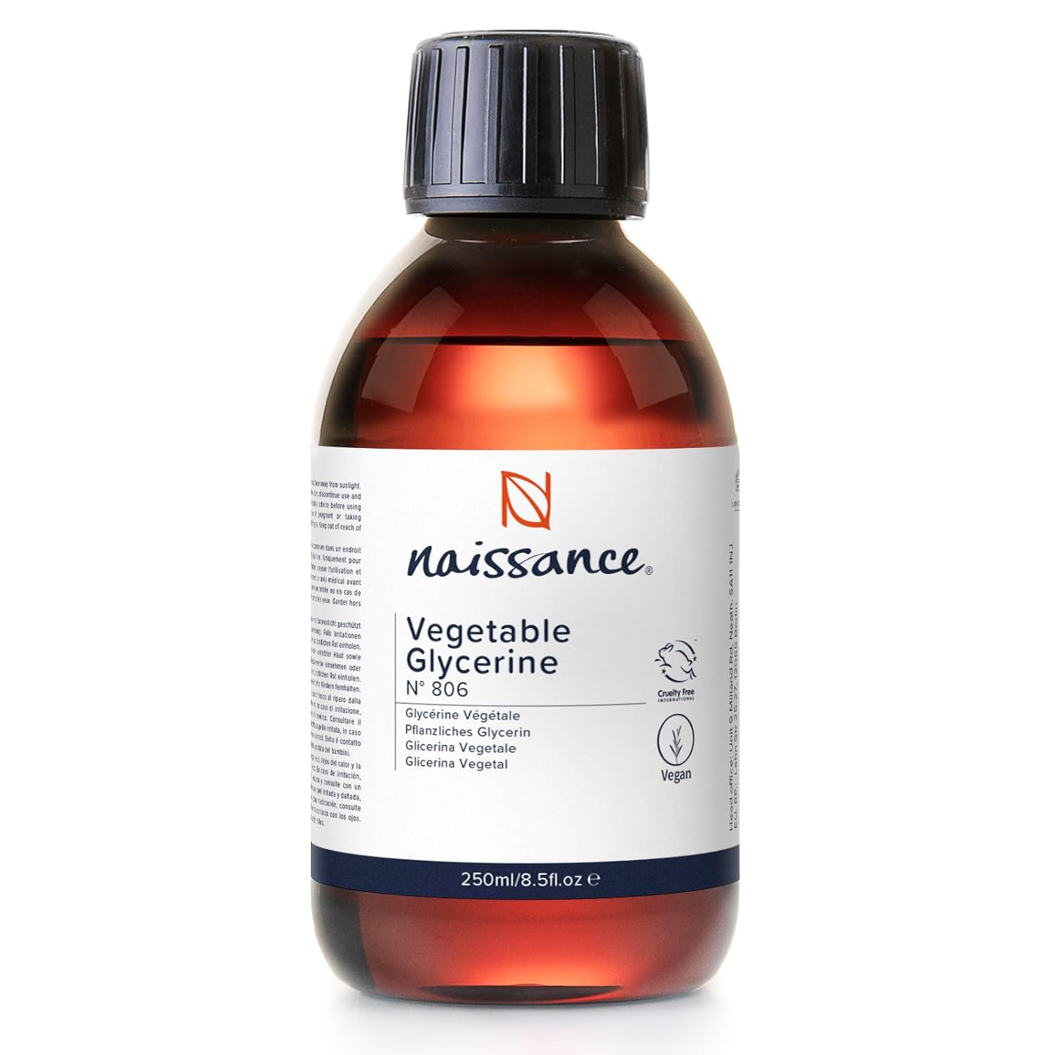 Naissance Vegetable Glycerol (Glycerine/Glycerol) (No. 806) 250 ml, Liquid, 100% European Quality & food grade, vegan, natural moisturiser, fragrance-free, GMO-free