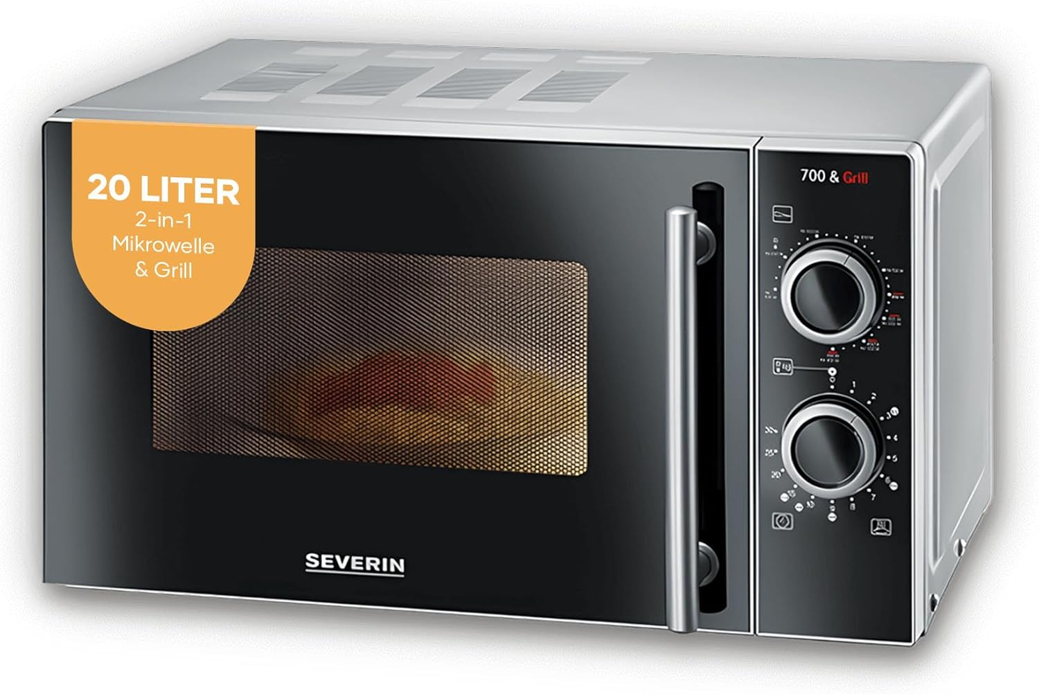 SEVERIN MW 7771 2-in-1 Microwave with Grill 700 W, Grill Oven with 9 Automatic Programs, Microwave with Cooking Grate and Turntable, Silver/Black