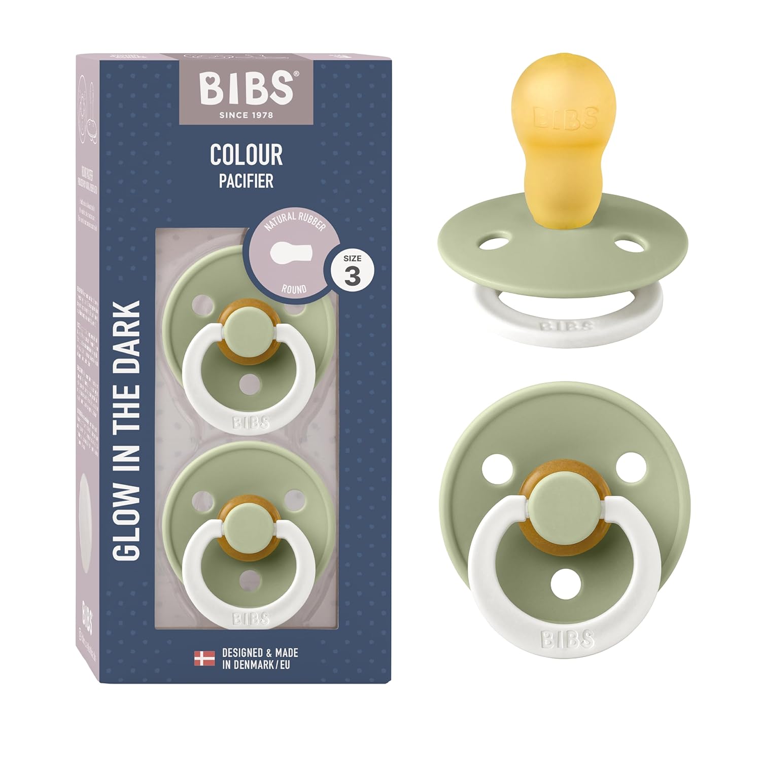 BIBS Color Glow 2 Pack BPA Free Glow in the Dark Cherry Shape Nipple Natural Rubber/Latex Made in Denmark Size 3 (18+ Months) Sage Glow