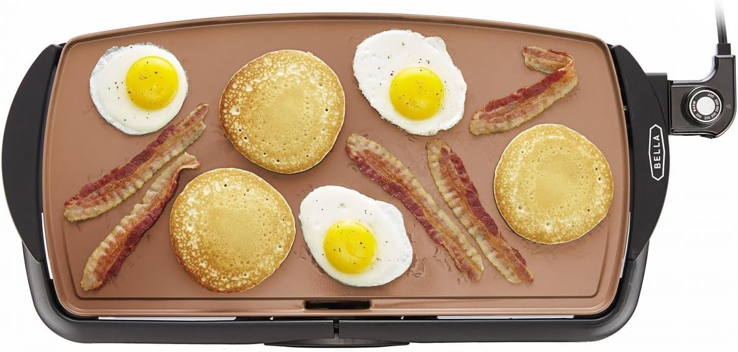 bella Electric Ceramic Titanium Griddle, Non-Stick Coating, Large Submersible Cooking Surface and Removable Grease Tray, Adjustable Temperature, PTFE and PFOA Free, 27 cm x 51 cm, Copper