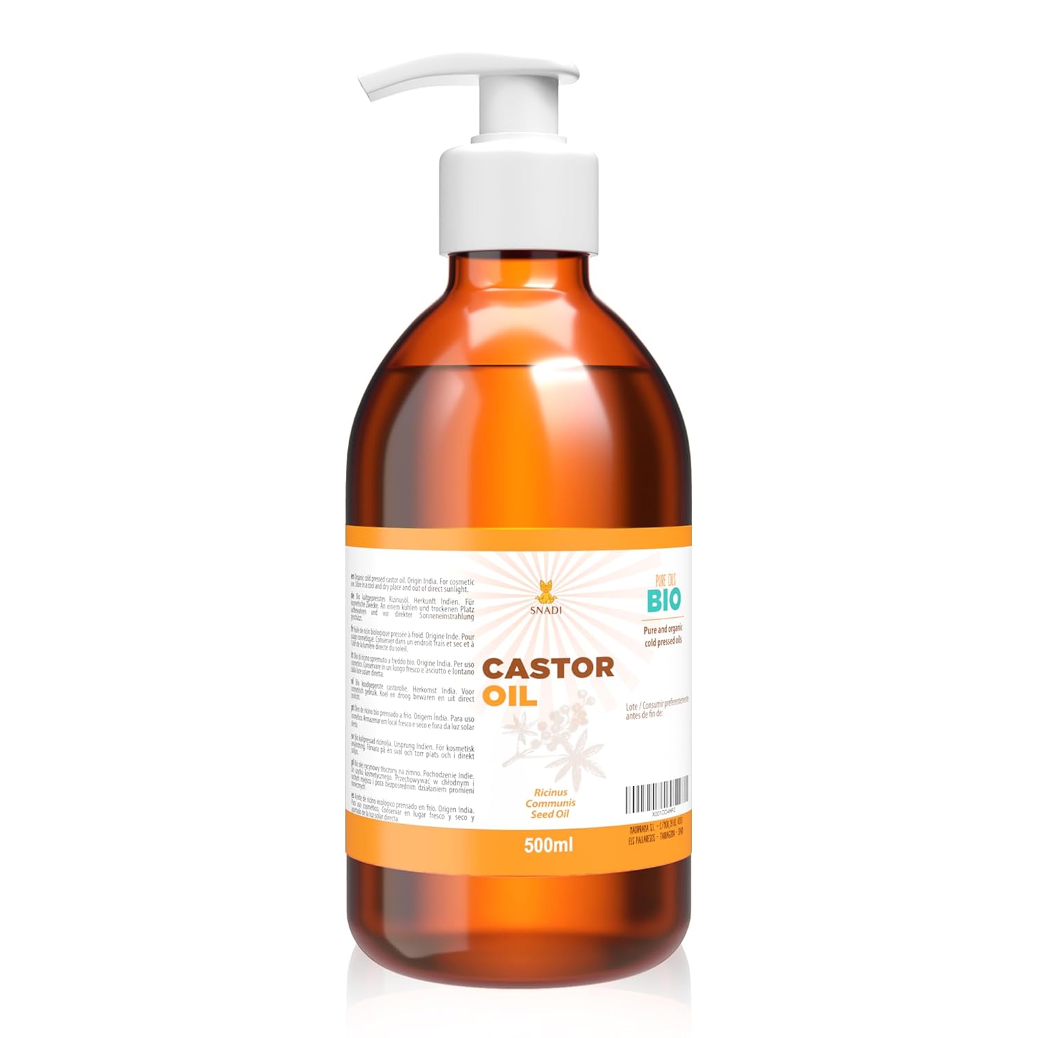 Snadi - Pure Organic Castor Oil 500 ml | Cold Pressed | Antioxidant and Anti-Aging | Moisturizing for Dry Skin and Hair | Ideal for Eyelashes and Beard | Castor Oil