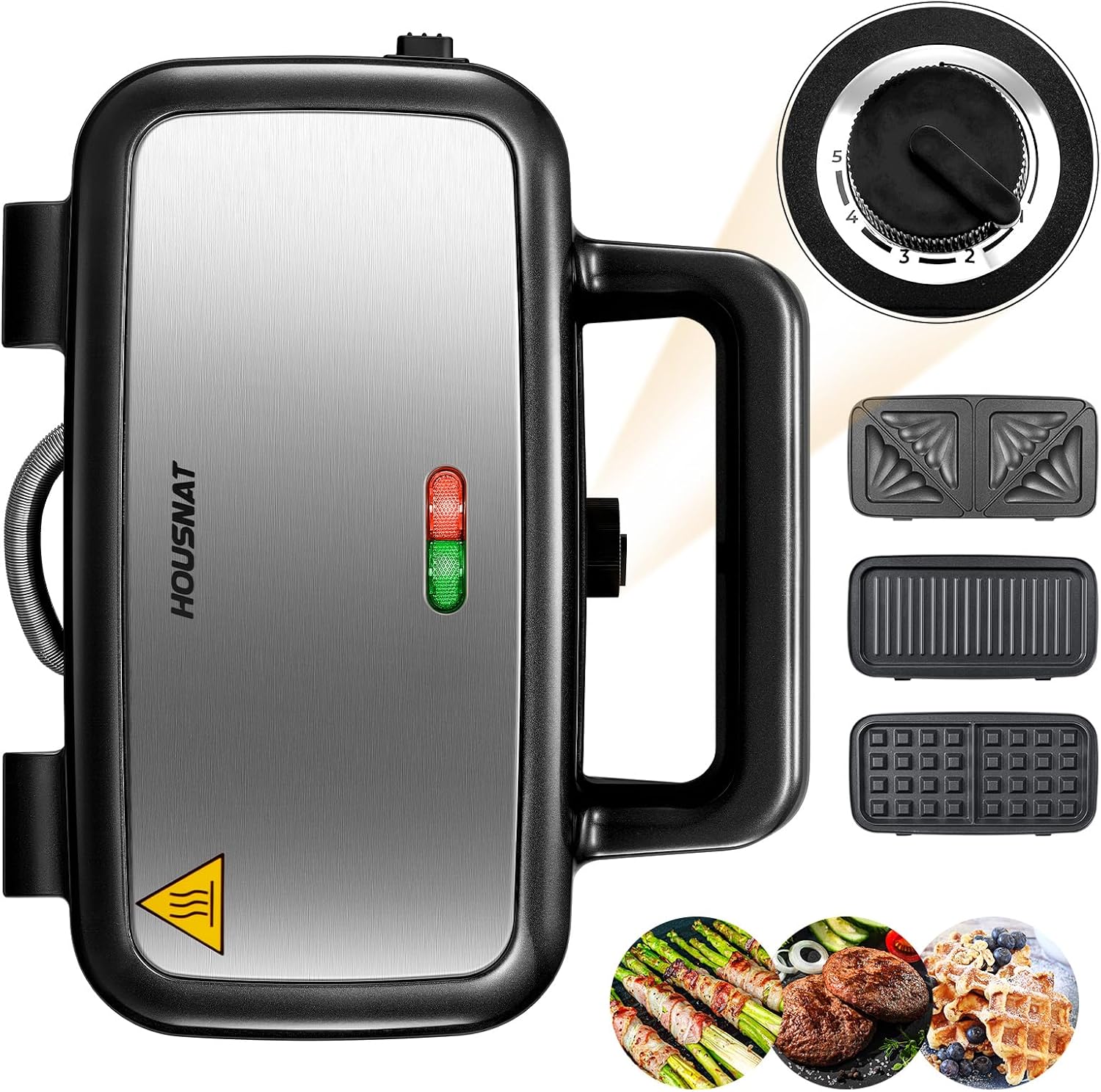 3-in-1 Waffle Iron, Sandwich Maker, Contact Grill, Sandwich Toaster - 1200 W with 5-Speed Temperature Control - for Belgian Waffle, Non-Stick Coating, Perfect for Breakfast, Camping and More