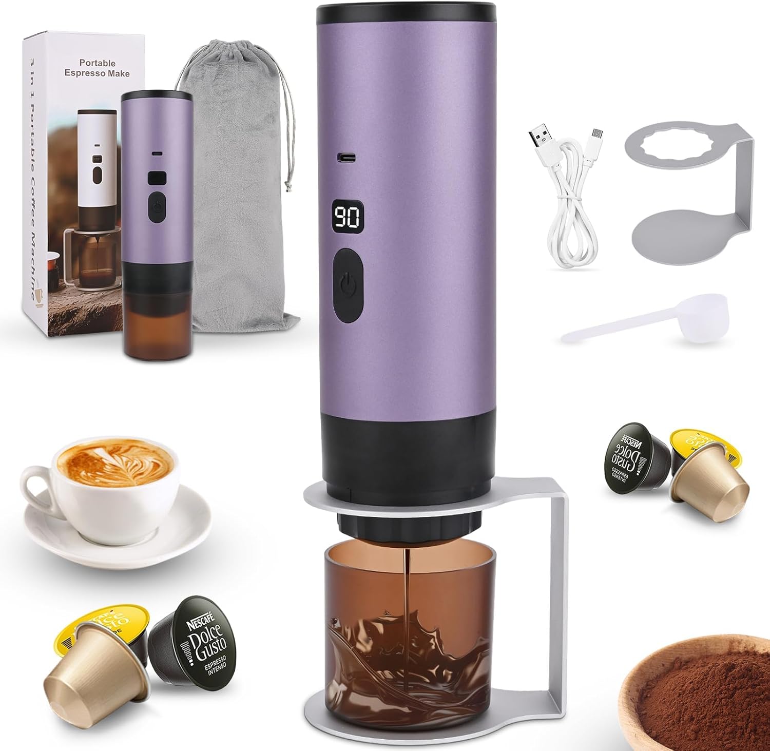 Portable Capsule Coffee Machine, Electric, 80 Seconds Espresso Machine with Battery, 15 Bar, 90 ml, with 7800 mAh Battery, Wireless Self-Heating with Digital Display, Camping Coffee Machine for Travel