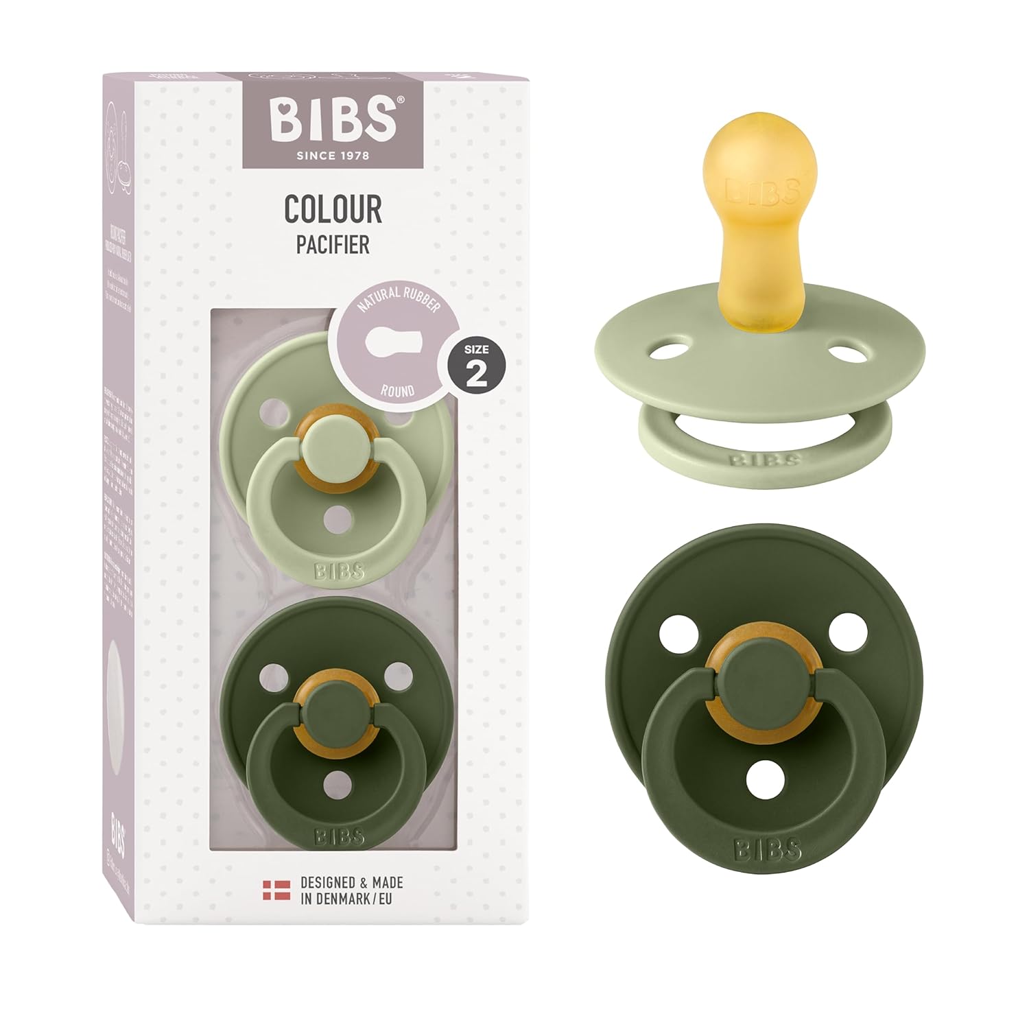 Bibs Dummies, 2-Pack of Colorful Dummies, Natural Rubber Danish Dummies in a Cherry Shape