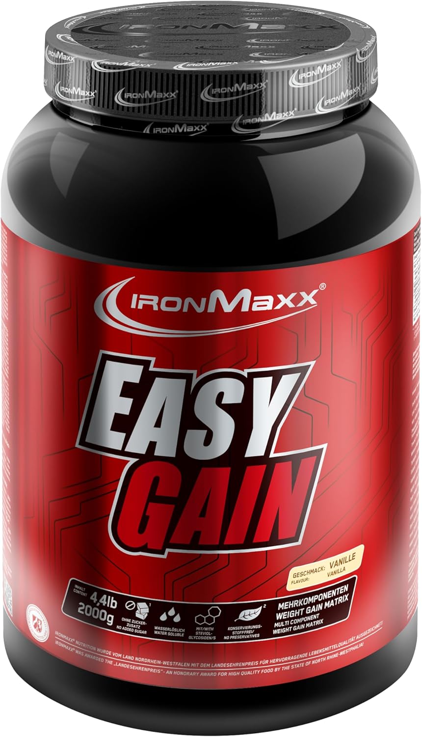 IronMaxx Easy Gain - Vanilla 2000g Tub | High-calorie weight gainer for muscle building and mass gain | High protein content | Gluten-free and with vitamins and minerals