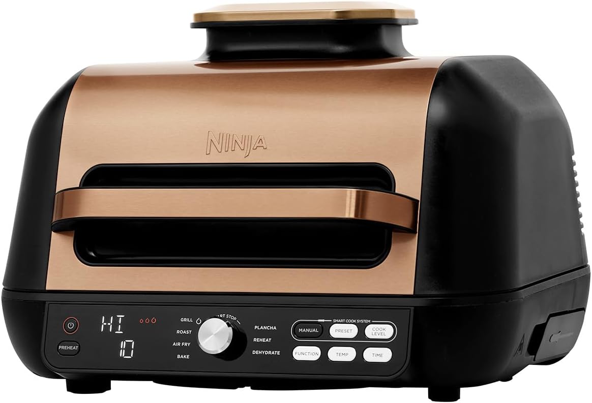 Ninja Foodi MAX PRO Grill, Plancha Flat Grill Plate & Airfryer, 3.8 L Hot Air Fryer, Air Fryer with Digital Temperature Sensor, Dishwasher Safe, Amazon Exclusive, 7-in-1, Copper/Black, AG651EUCP