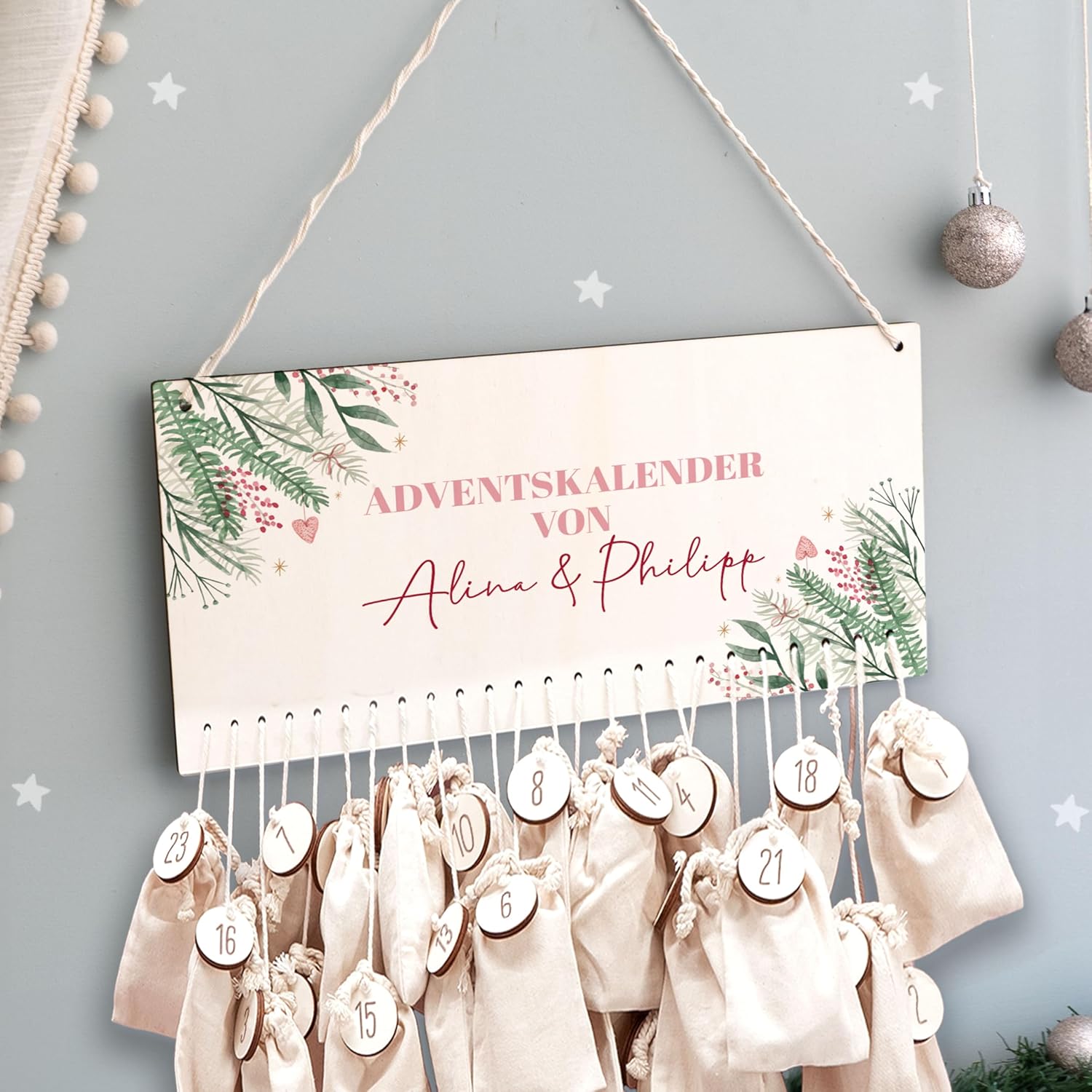Advent Calendar Personalized for Children, Advent Calendar for Filling, Made of Wood, Wall Mounted Christmas Calendar DIY with Name, Hellomini (Branch Pairs)