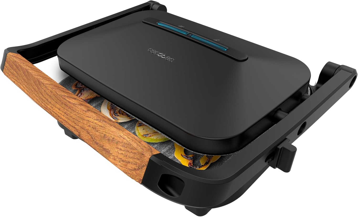 Cecotec Rock\'Ngrill 1300 Wood B. Power of 1300 W, Black Design, Rockstone Coating, Non-Slip Base, Floating Plate, Light Indicator, Wooden Handle, Versatility