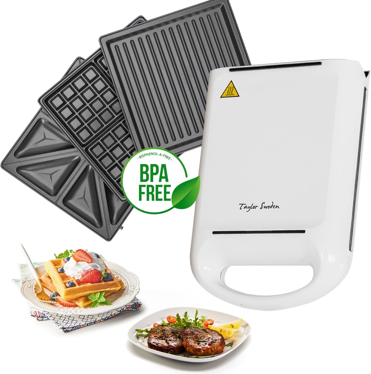 Taylor Swoden Manor 3-in-1 Waffle Iron Sandwich Toaster with Capacity for 4 Sandwiches, 1200 W, 3 Removable Plates Sandwiches, Waffles and Grill, Non-Stick Coating, White