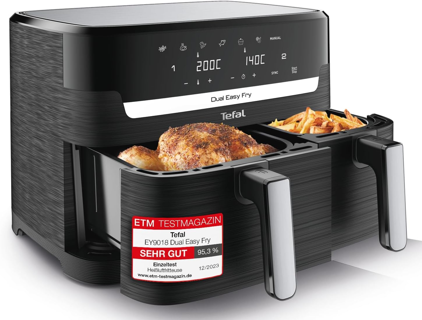 Tefal Dual Easy Fry Hot Air Fryer, Double Chamber, 5.2/3.1 L Capacity, Two Independent Drawers, 7 Automatic Programs, Energy Saving, Black, EY9018