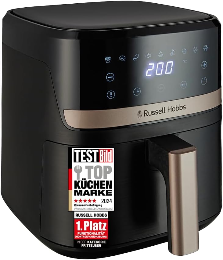 Russell Hobbs SatisFry 27610-56 Hot Air Fryer L 4.3 L Rapid AirFryer [Very Small Casing, Very Quiet, 9 Programmes] Dishwasher Safe, Fryer without Oil, Touch Screen, Grilling, Baking, Roasting etc