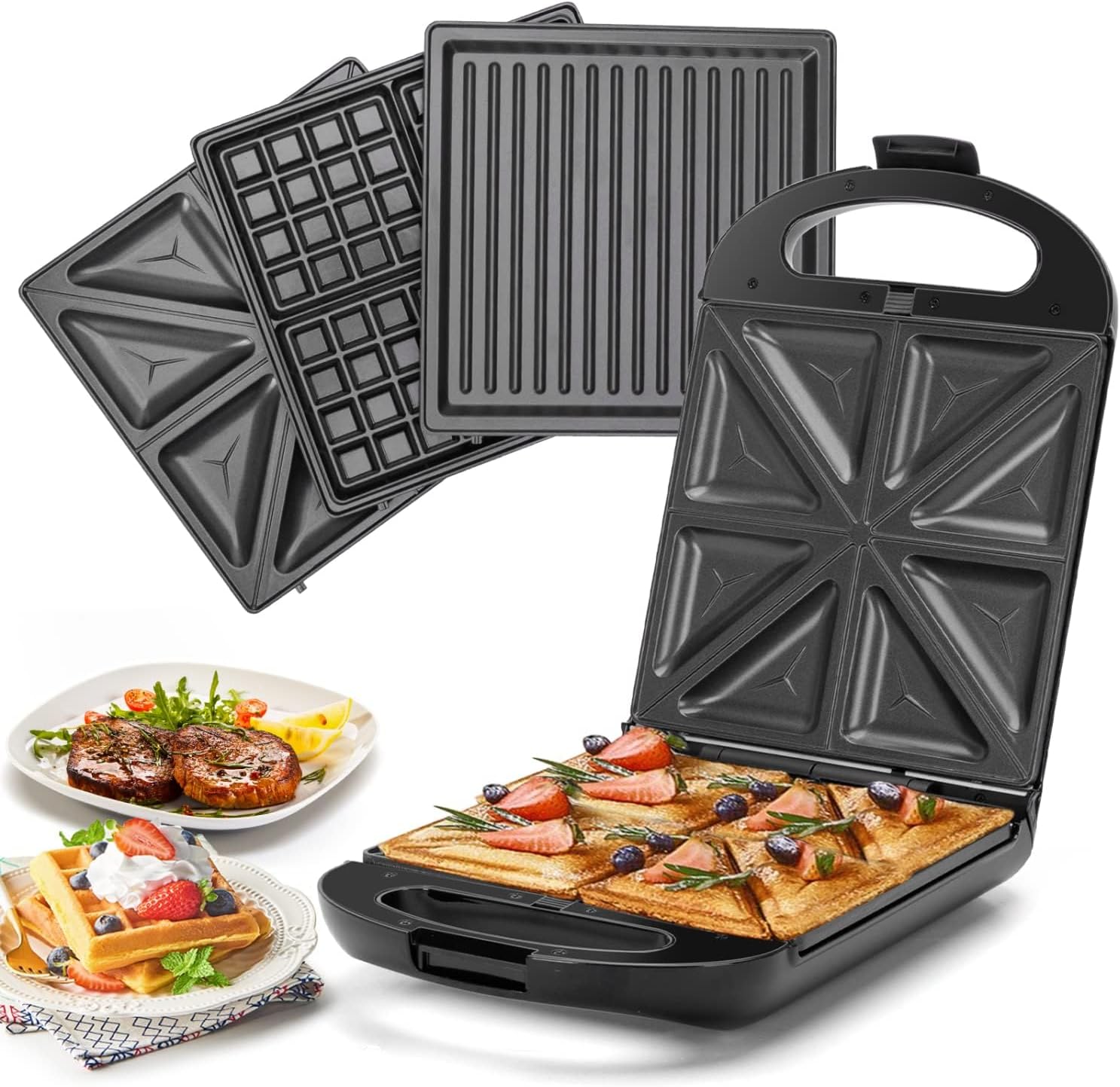 Taylor swoden - Bruno 3 in 1 Sandwich Maker, Waffle Iron, Baking Tray, 1200 W, for 4 Sandwiches, Removable Non-Stick Tray, 180° Turn for Quick and Even Baking, BPA-Free