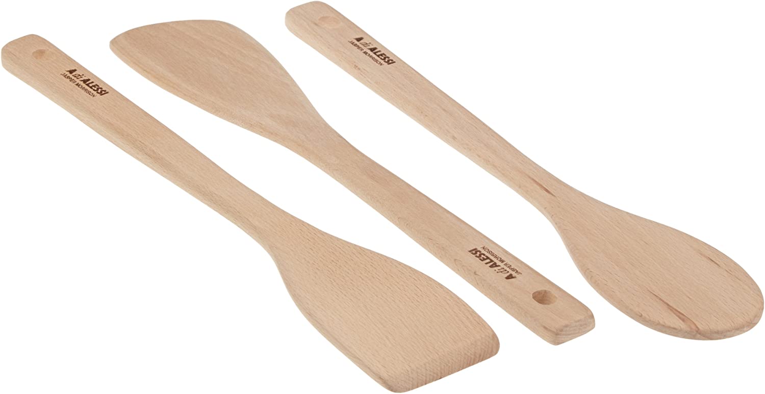 A di Alessi Pots&Pans Kitchen Spoons, Beech Wood, Set of 3, (AJM27SET)