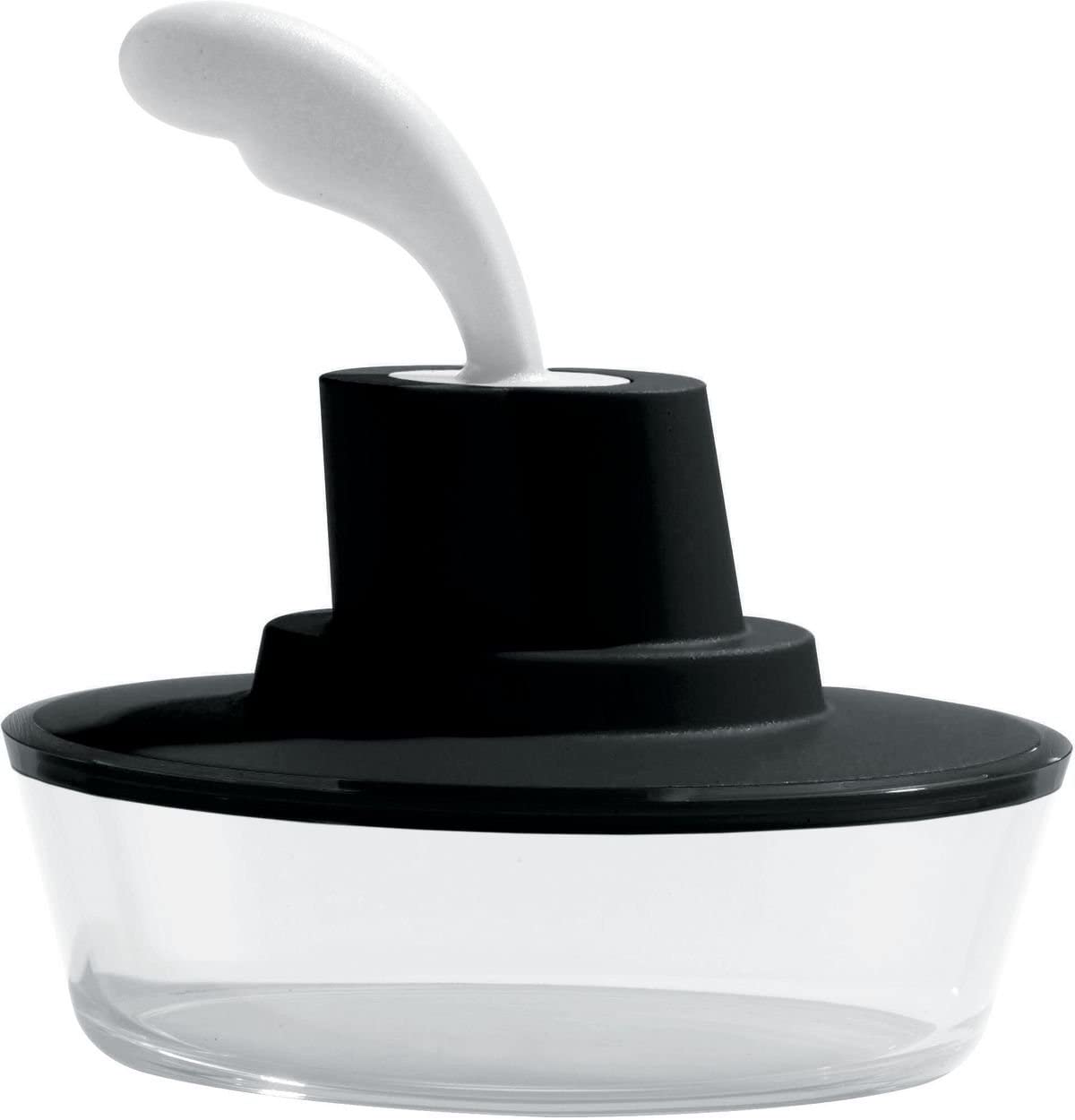A Di Alessi Ship Shape Container with Small Spatula in 18/10 Stainless Steel and Thermoplastic Resin, Black