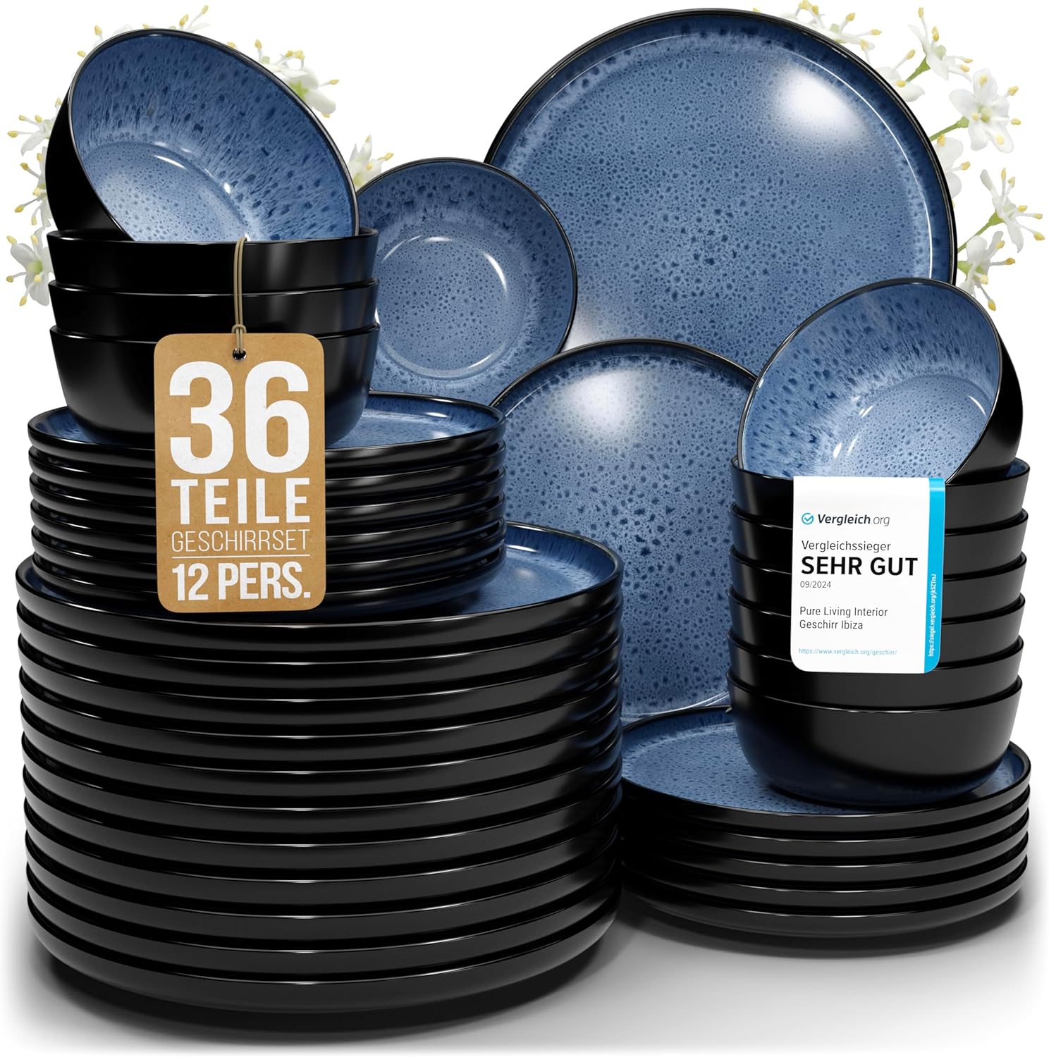 Pure Living Ibiza Stoneware Crockery Set for 12 People, 36-Piece Mediterranean Stoneware Tableware Set, ‘Very Good’ in Test, Bowl and Plate Set, Dinner Service for 12 People, Deep Blue