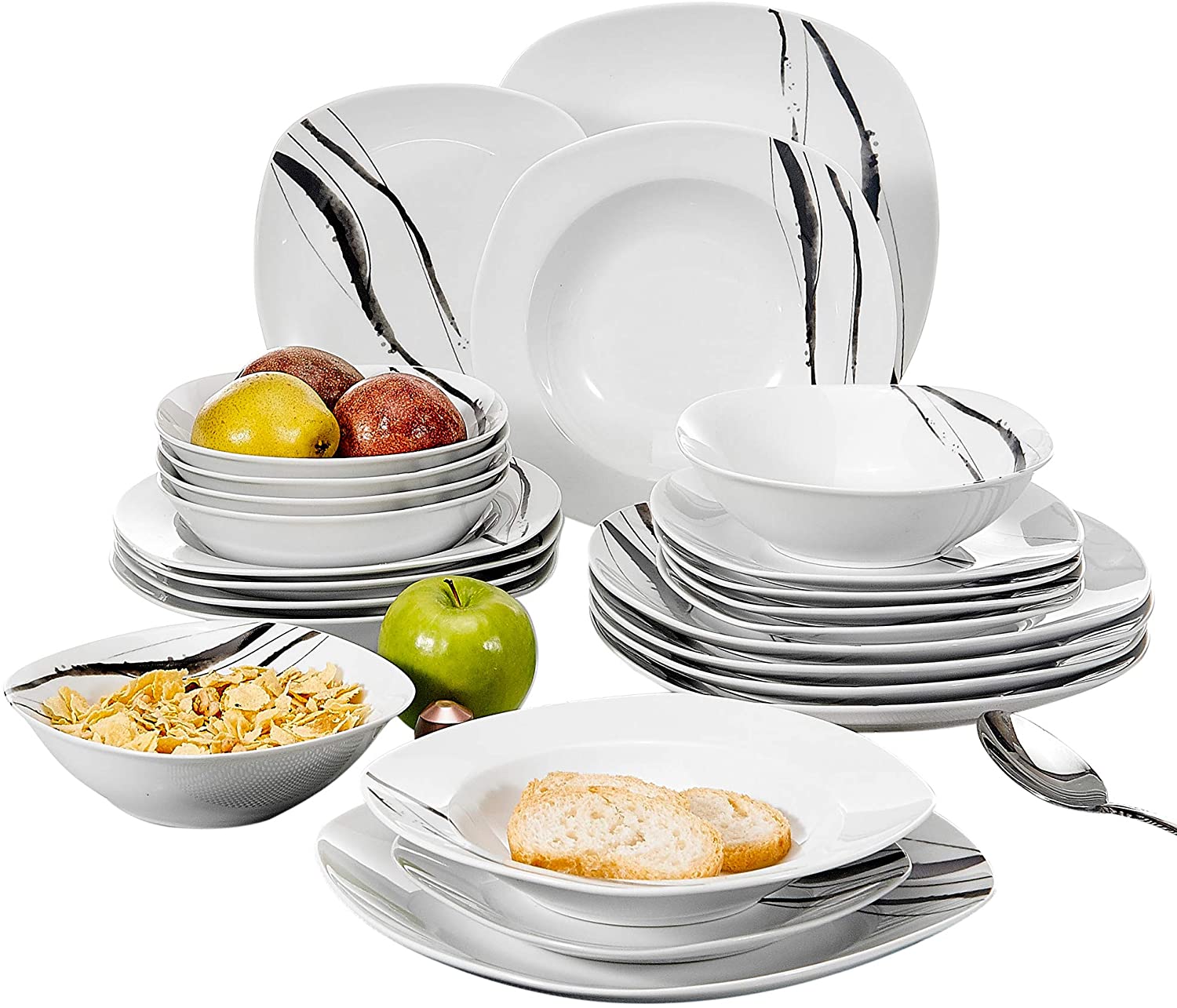 VEWEET Teresa Dinner Service Porcelain 18/36-Piece Crockery Set 20/40-Piece Breakfast Service, 24/48-Piece Dinner Service, 30/60-Piece Combined Dinner Service Set