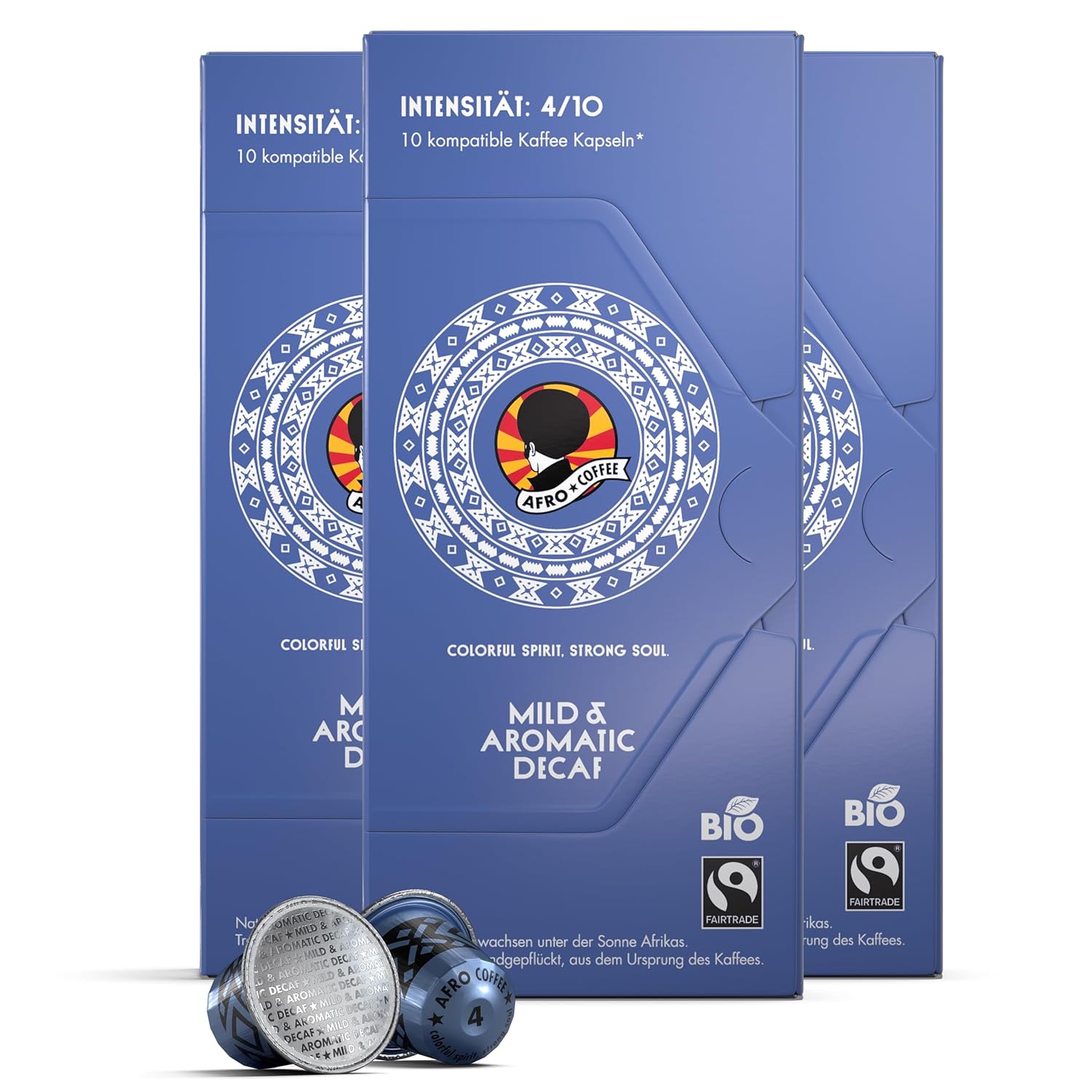 AFRO COFFEE Mild & Aromatic Decaf Organic I 3 Pack I 30 Premium Coffee Capsules Fairtrade I Arabica Beans Decaffeinated I in Compatible Coffee Capsules I East Africa I Medium Roasted & Low Acid