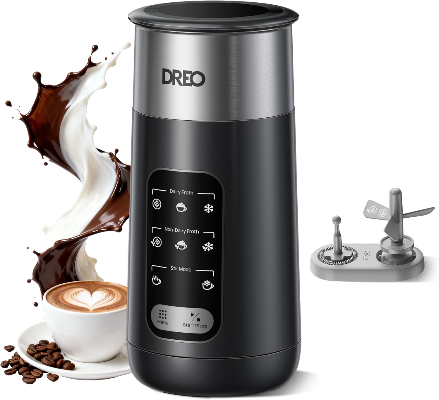 DREO Milk Frother, 8-in-1 Electric Milk Frother for Latte, Cappuccino, Hot Chocolate, 270 ml, Automatic Frother Made of Stainless Steel for Warm and Cold Foam, LED, Easy to Clean