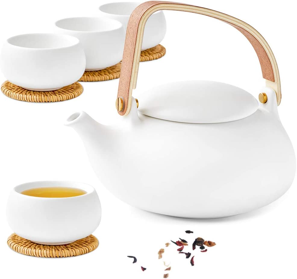 Zens Porcelain Teapot for Loose Leaves, Flower Tea Bags, Herbal Tea, White Grey