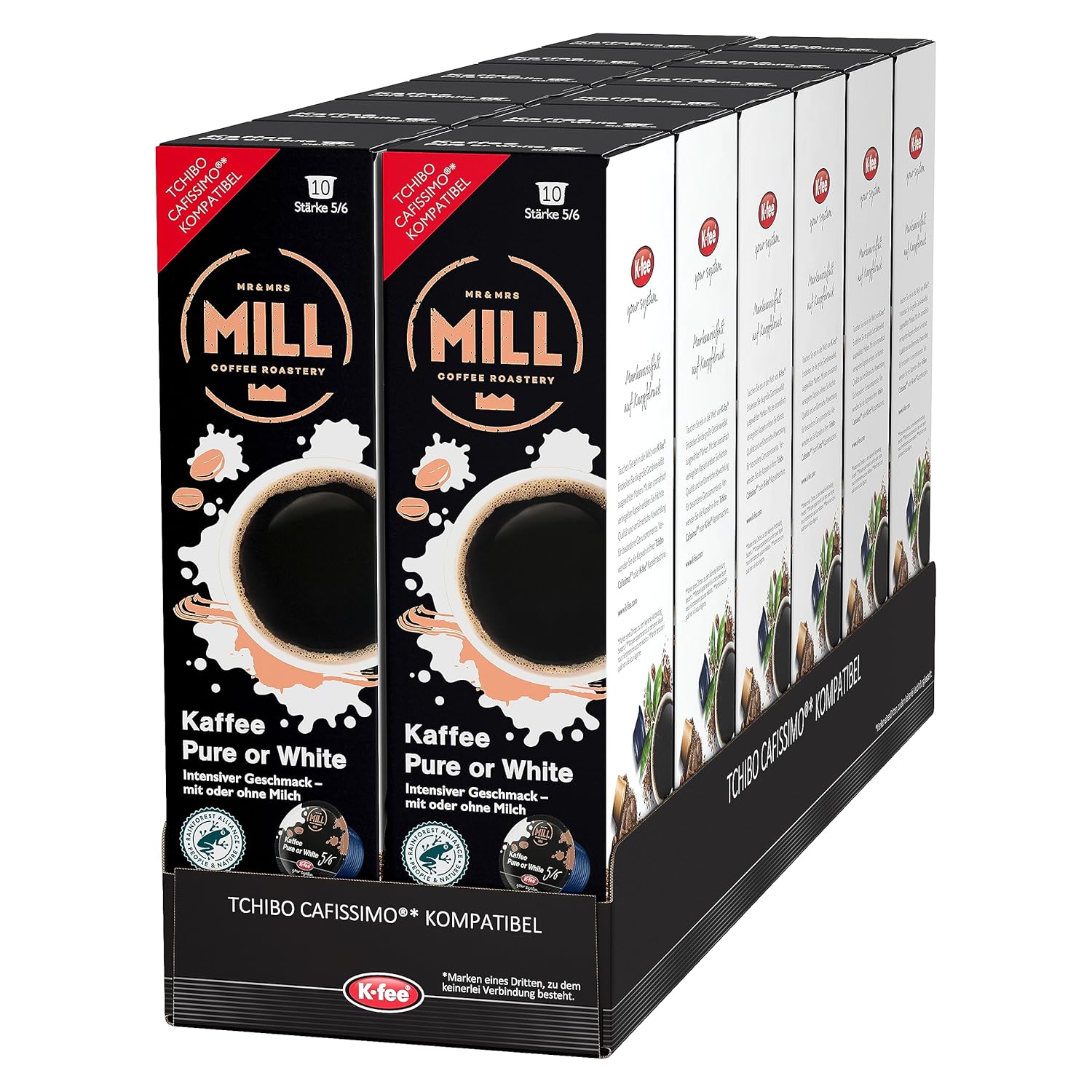 Mr & Mrs Mill Coffee Capsules Pure or White, Filter Coffee, Strength 5/6, Compatible with K-fee & Tchibo Cafissimo*, RFA Certified, 120 Capsules (12 x 10)