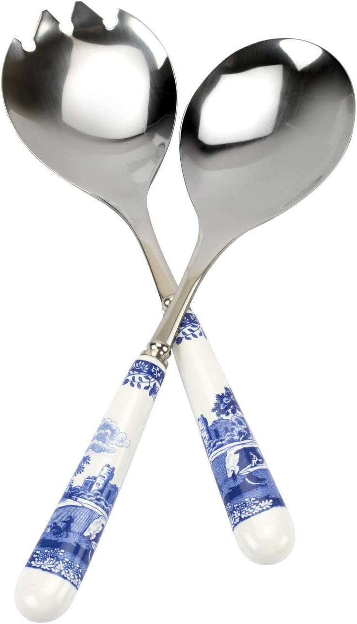 Portmeirion Blue Italian 25 cm Porcelain and Stainless Steel Salad Servers, Pair, Blue/White