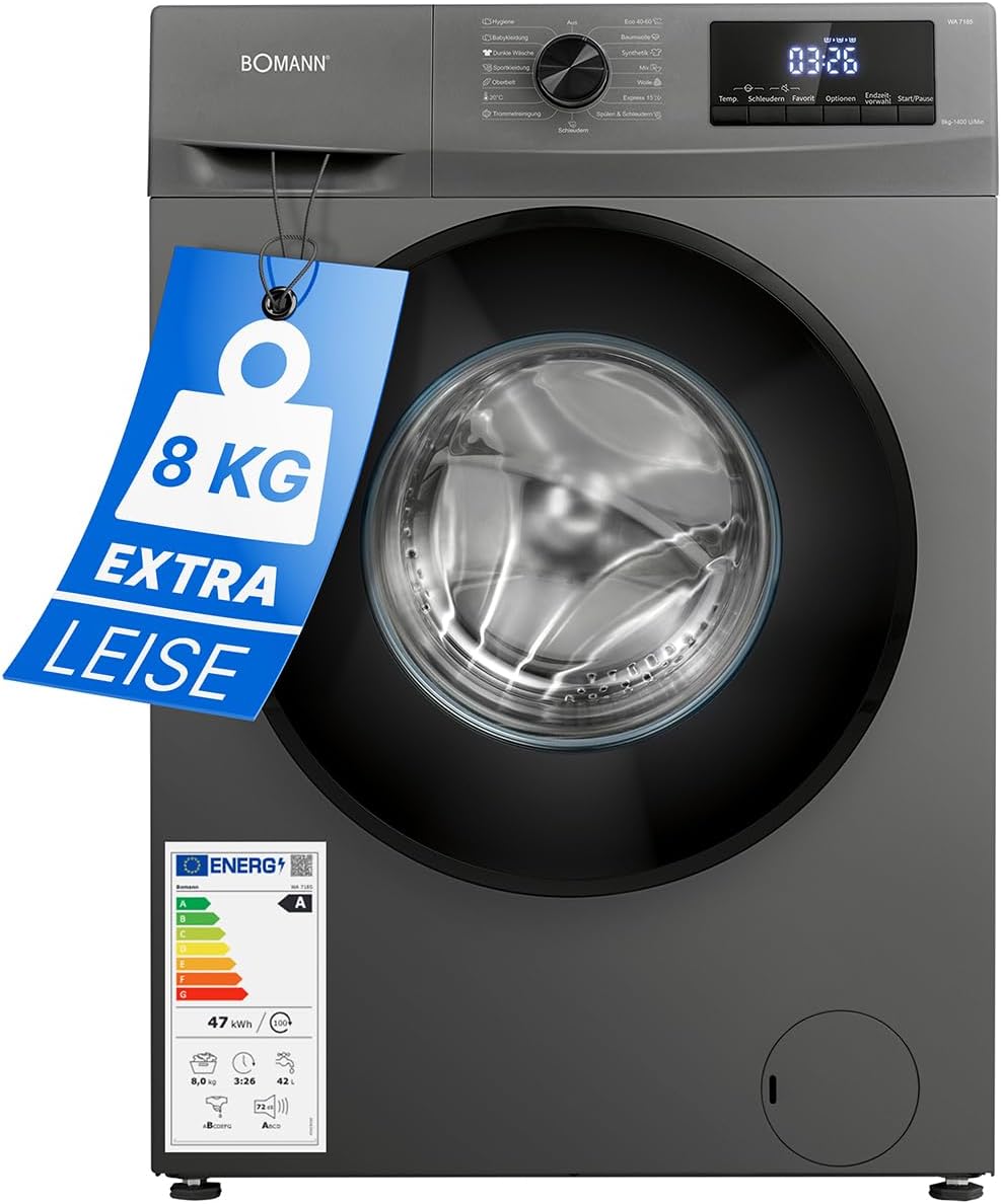 Bomann Washing Machine 8 kg | Max. 1400 rpm | Robust, Quiet & Durable Inverter Motor | 15 Washing Programmes | LED Display | with Steam Function | WA 7185 Titanium - Black