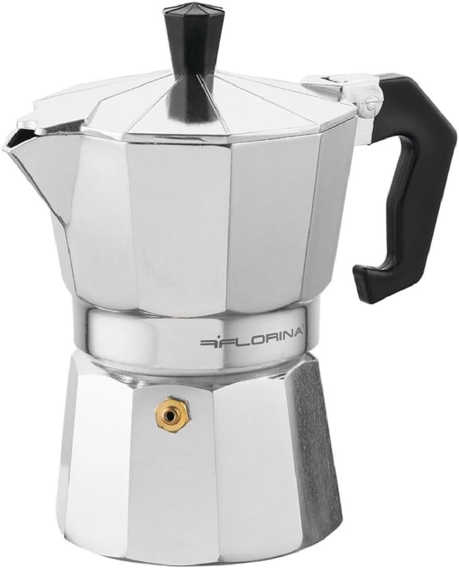 FLORINA Aluminum Espresso Maker, 3 Cups (135 ml), Hob Plates, Espresso Machine, Grande, Espresso Coffee Pot for Preparing Italian Espresso, Suitable for Ceramic Hobs, Electric Hobs, Gas