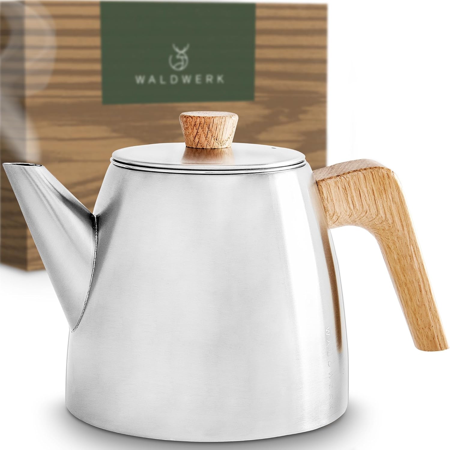 WALDWERK Store WALDWERK Teapot with Strainer Insert - Double-Walled Teapot 304 Stainless Steel - Tea Maker with Oak Wood Handles - 100% Drip Free