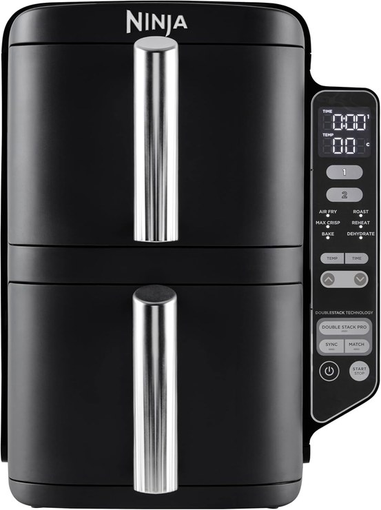 Ninja Double Stack Hot Air Fryer, 7.6 L Airfryer, Double Basket Hot Air Fryer with 4 Cooking Levels, 2 Drawers, 2 Racks, Space Saving Design, 6 Cooking Functions, 6 Servings, Gray SL300EU