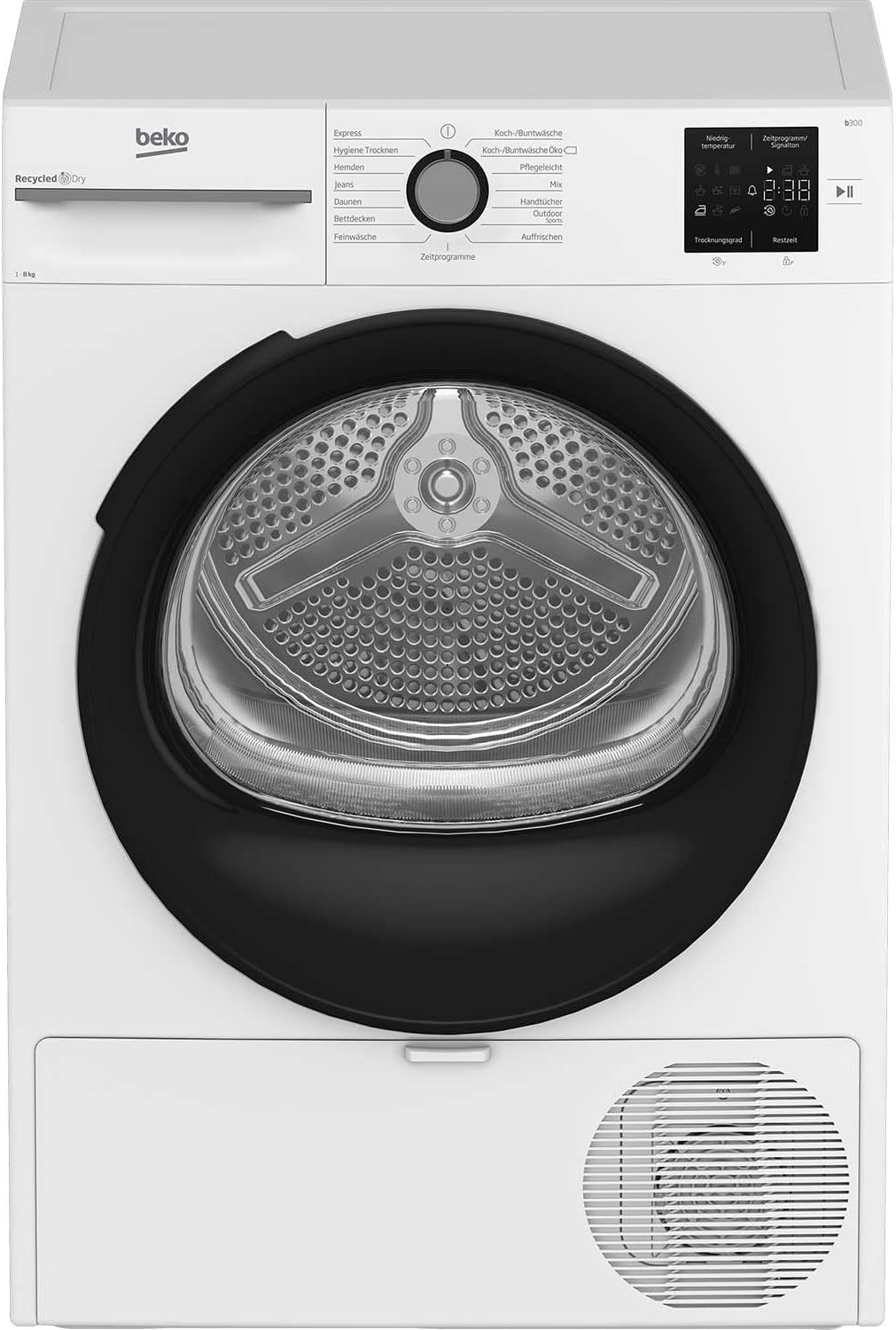 Beko BM3T38220X Tumble Dryer, 8 kg, Front-Loading Heat Pump Dryer, 15 Programs, Sensor Drying, Column-Capable, Aquawave Gentle Drum, White