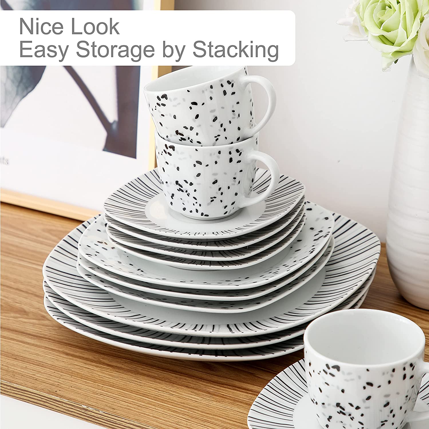 VEWEET Dinner Service 30 Pieces | Crockery Set Includes Coffee Cups, Saucer, Dessert Plate, Dinner Plate and Soup Plate | Complete Service for 6 People