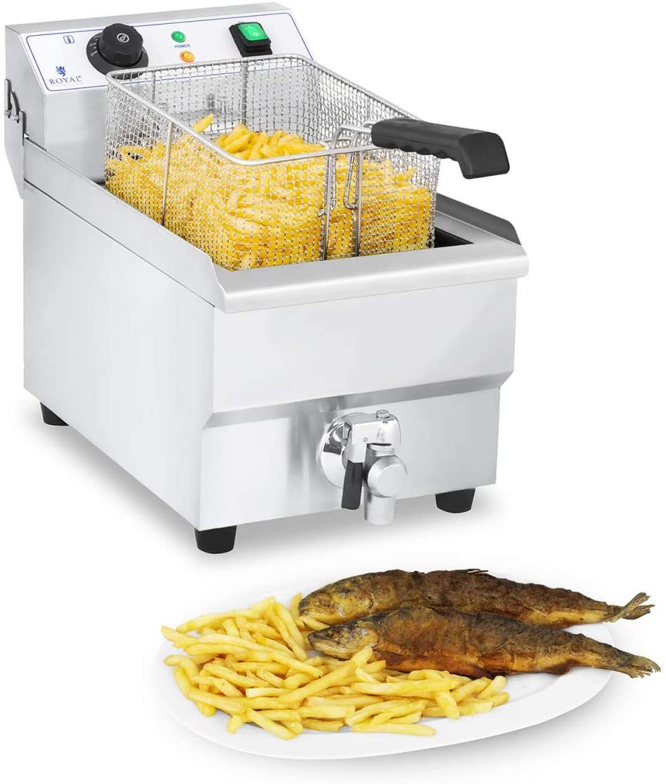 Royal Catering RCEF 10EH-1 Stainless Steel Electric Fryer (10 Litres, Power 3,000 Watt, Thermostat, Drain Tap, Stainless Steel)