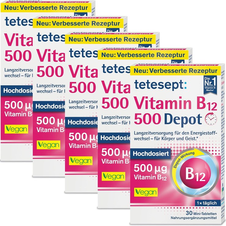 tetesept Vitamin B12 Depot - High dose with 500μg vitamin B12 for long-term supply of energy metabolism - for body and mind - Vegan - 5 x 30 mini tablets (food supplement)