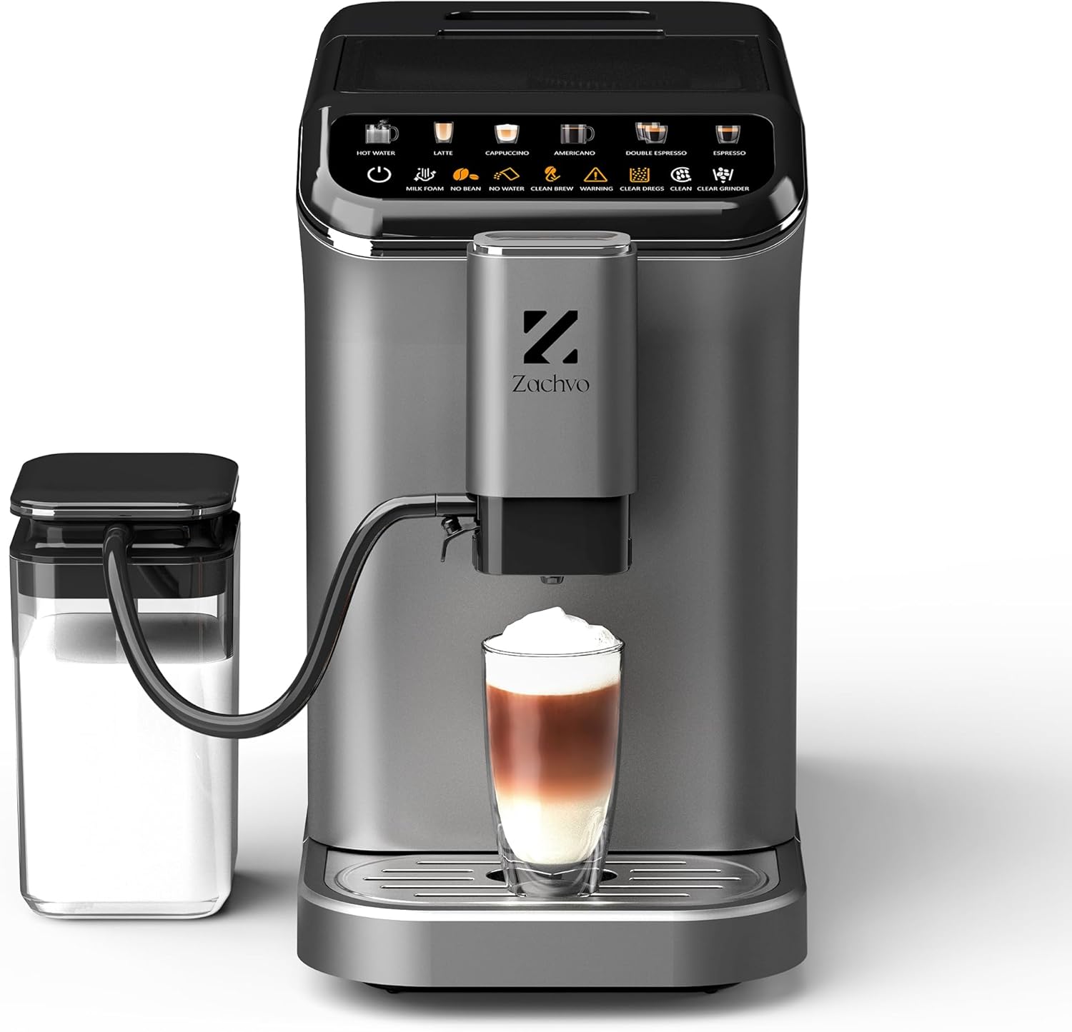 Fully Automatic Coffee Machine with Milk Container, 20 Bar, 15-Level Grinder, Touch Screen, PID Temperature Control, Automatic Cleaning, 5 Drinks at the Touch of a Button - Latte, Cappuccino