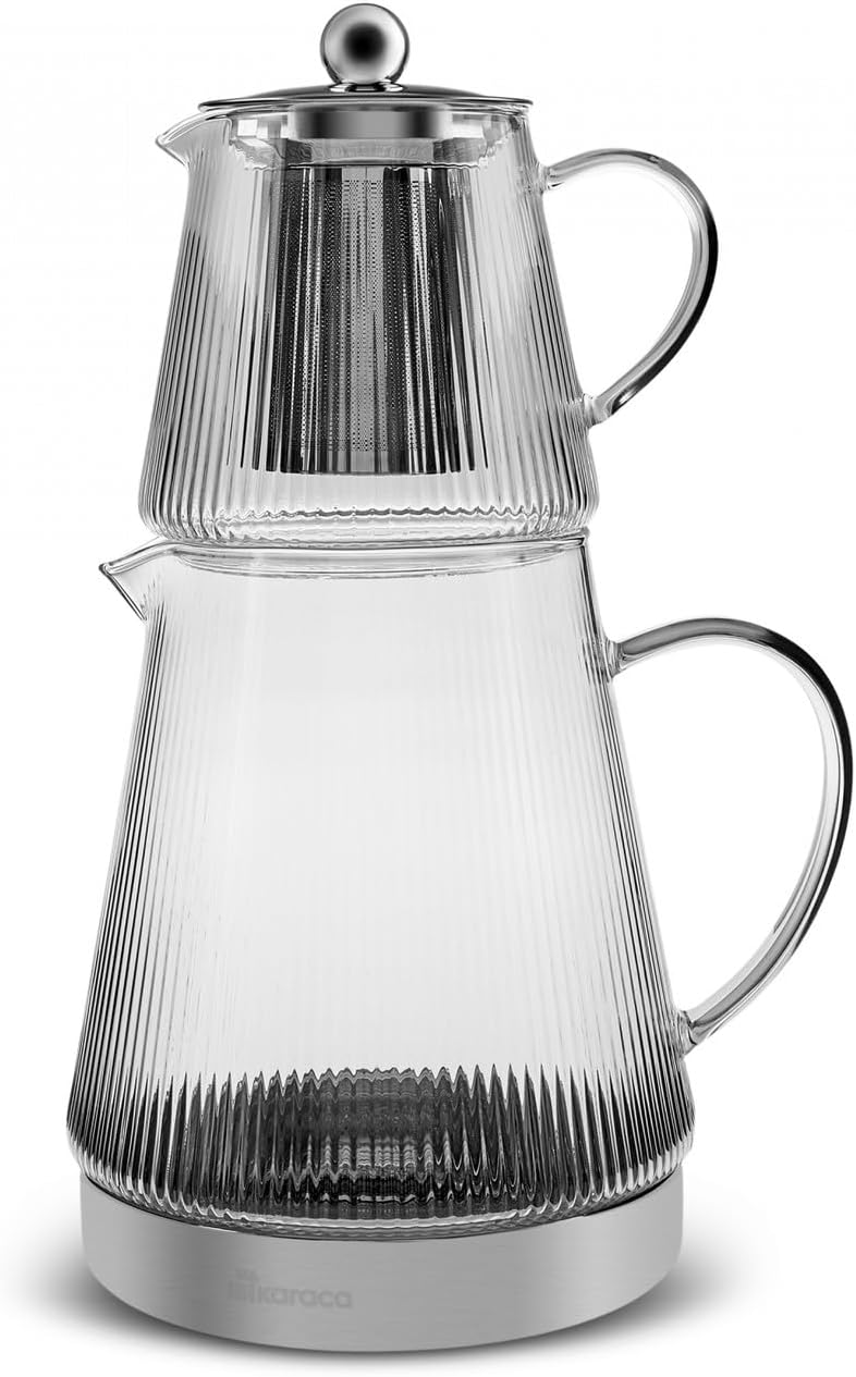 Karaca Keops Borosilicate Glass Teapot Set with Stainless Steel Infuser, 1.5L Kettle & 0.45L Glass Teapot with Strainer, Turkish Tea Pot, Caydanlik, Turkish Tea Maker for Herbal Tea, Loose Tea