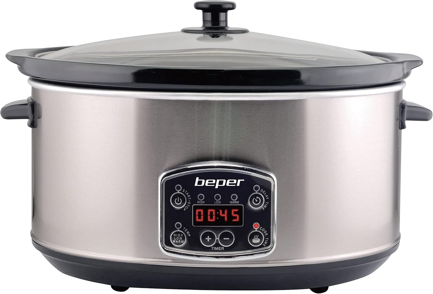 BEPER BC.510 Slow Cooker, 280 W, 4.5 Liters, Glass Ceramic, Black and Steel, Nero E Acciaio