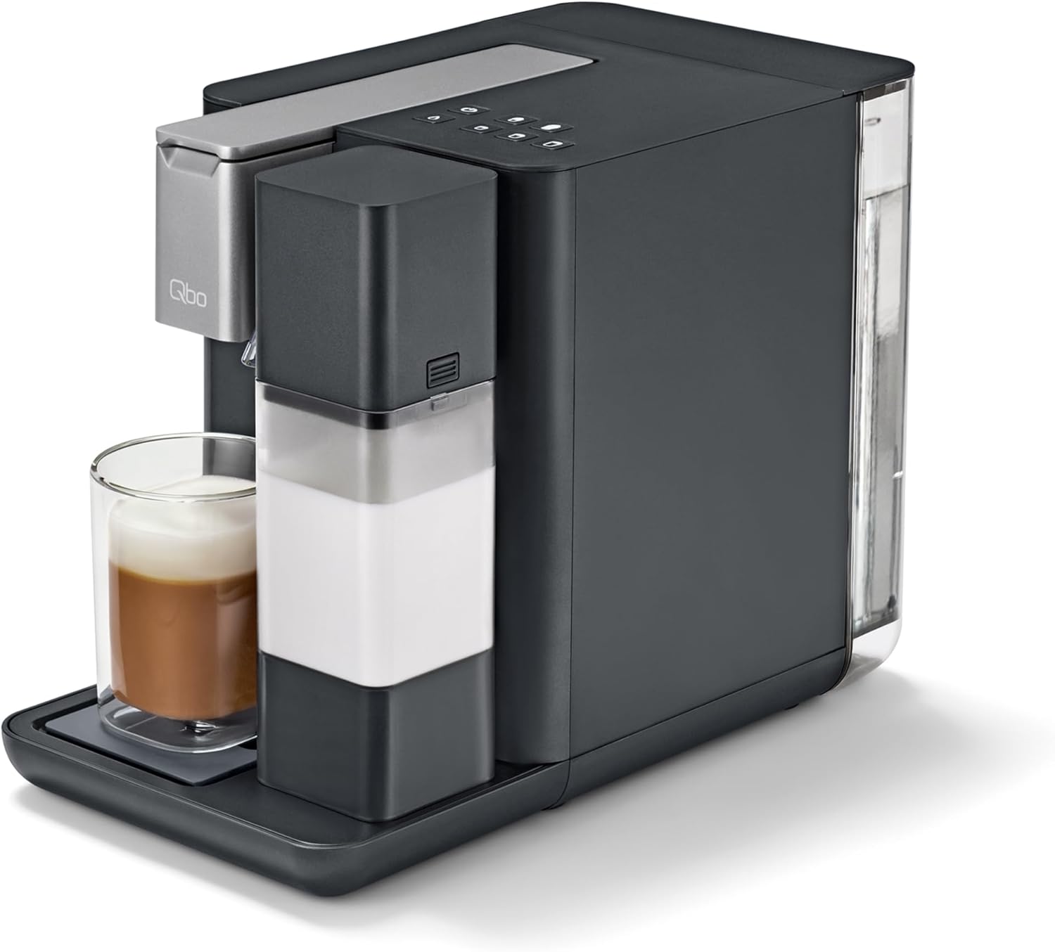 Tchibo Store Tchibo Qbo Milk Master Premium Capsule Machine for Cappuccino, Espresso, Caffè Crema, Caffè Grande, Milk Foam at the Touch of a Button with Removable Milk Tank 300 ml, with Automatic Shut-Off, Gentle Grey