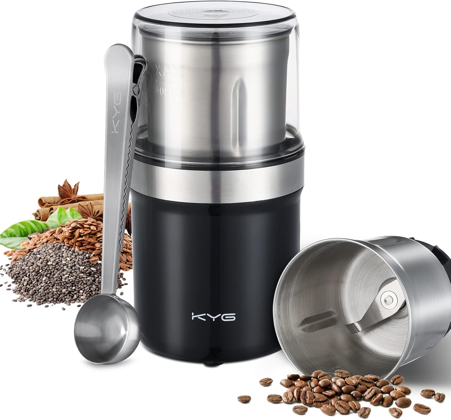 KYG Electric Coffee Grinder with Removable Stainless Steel Container, 300 W Electric Coffee Bean Mill, Spice Mill with 100 g Capacity, for Coffee Beans, Herbs, Nuts, Grains, M200B