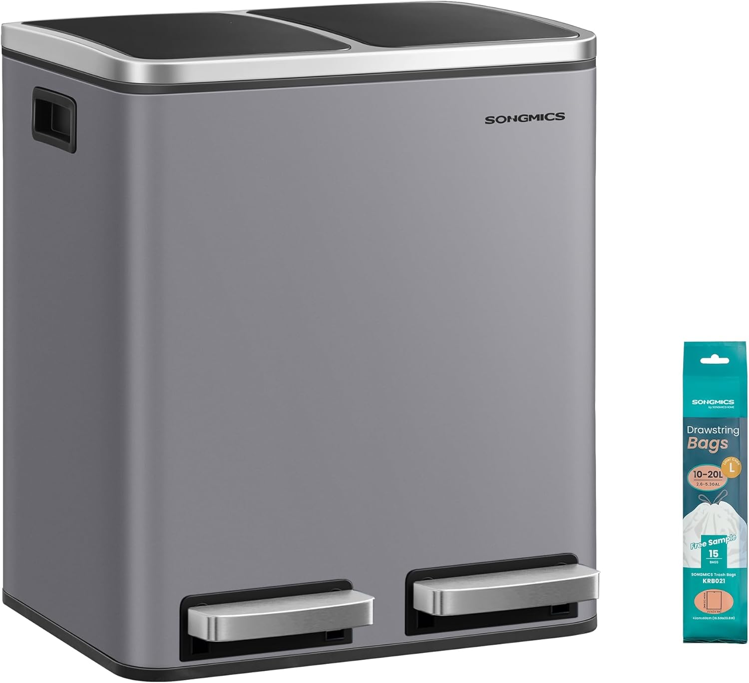 SONGMICS Kitchen Rubbish Bin, 2 x 15 Liters, Waste Separation System, 2 Compartments, Includes 15 Bin Liners, Rubbish Bin, Pedal Bin, Recyclable Waste, Organic Waste, Softclose Lid, Matte Grey