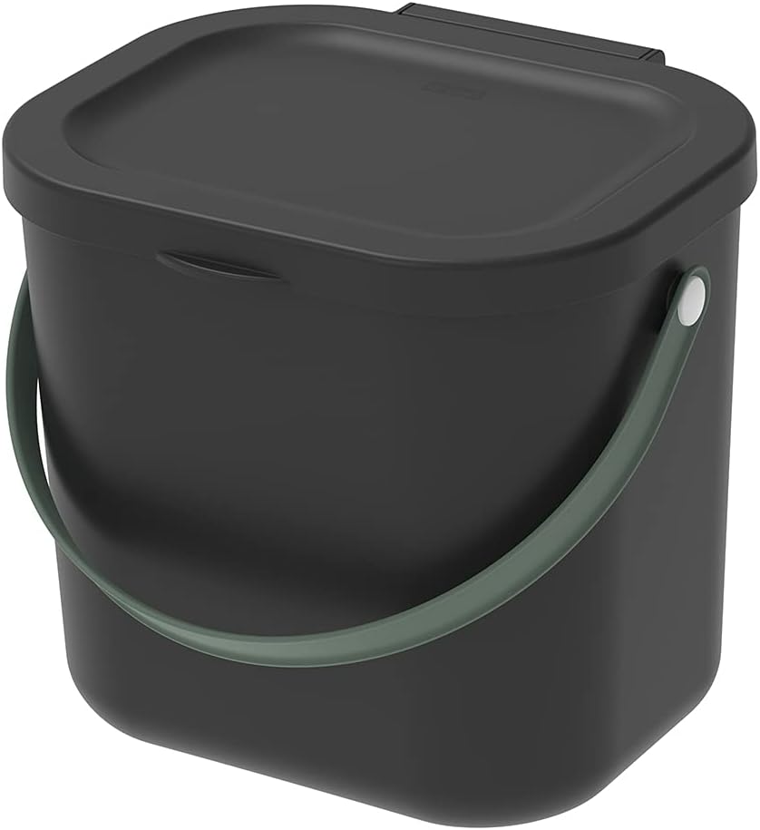 Rotho Albula Organic Waste Bin 6 L with Lid for the Kitchen, Plastic (PP Recycled), Black, 6 L (23.5 x 20.0 x 20.8 cm)