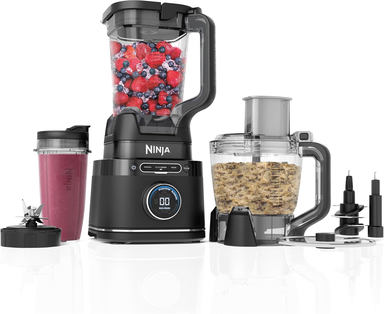 Ninja 3-in-1 Detect Power Blender Processor Pro, Powerful 1200 W Mixer, Food Processor Bowl, Dough Blade, 1 x Single Serve Cup, Jug, Pizza Dough, Mixing, Chopping & Mix, Black, TB401UK