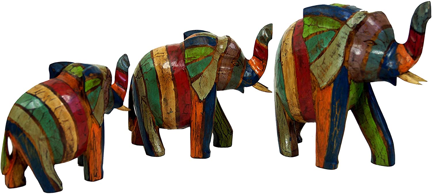 Guru-Shop GURU SHOP Wooden Elephant Figurine in 3 Sizes - Colourful Striped, Size: Large (24 x 25 x 9 cm)