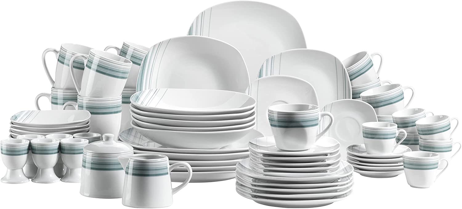 Maser Mäser Series Enni 931211 Crockery Set, 30 Pieces, White Porcelain Set with Blue Pattern
